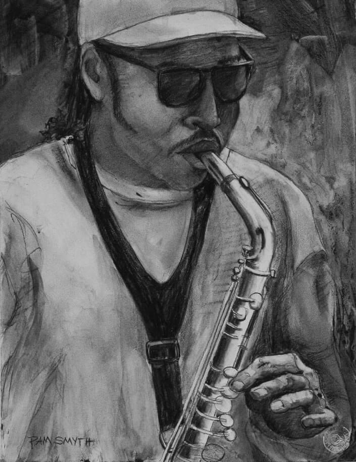 Charcoal Drawing Chicago Sax by Pam Smyth