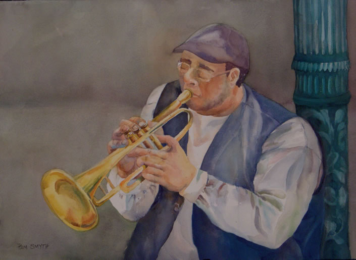Watercolor Chicago Street Trumpeter by Pam Smyth