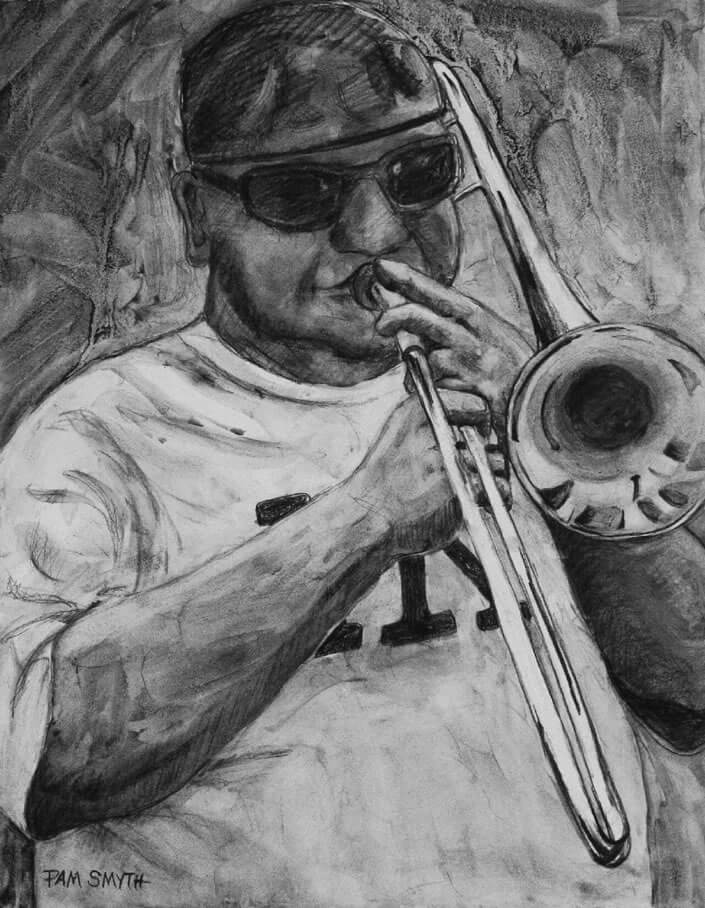 Charcoal Drawing Chicago Trombone by Pam Smyth